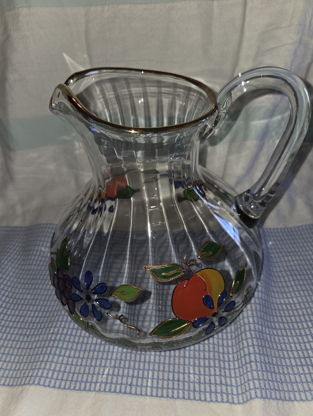 Vtg Fifth Avenue Crystal 8” Pitcher Hand Painted Fruit Romania